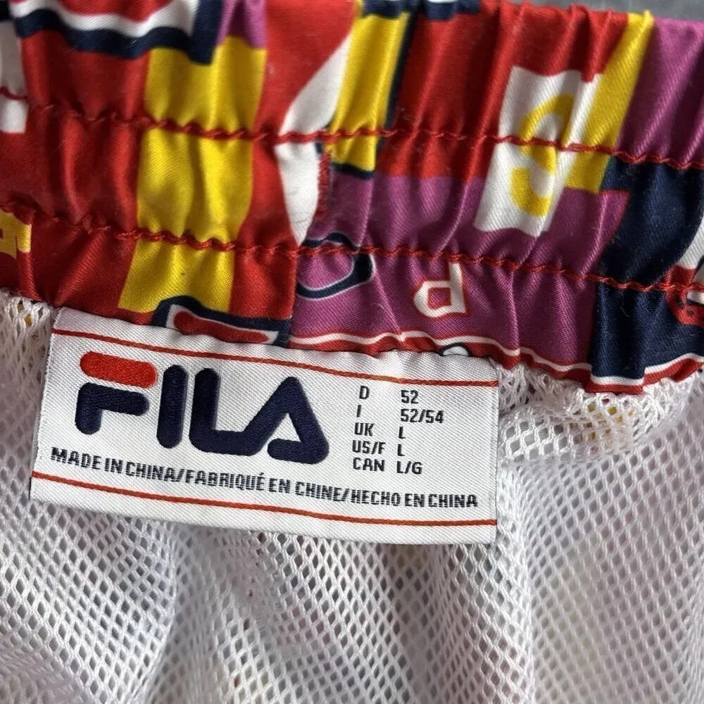 Vintage FILA Sz L Vibrant Geometric All Over Logo SPORT Shorts Swimming Trunks